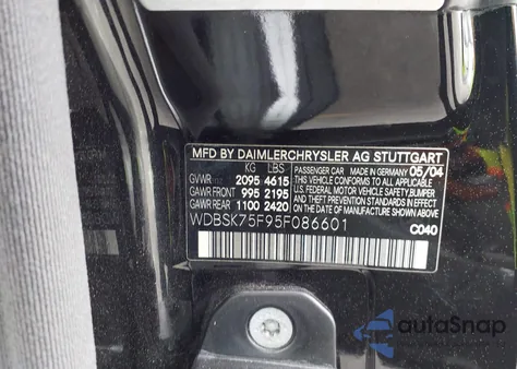 2005 Mercedes-Benz Sl 500 z USA, uszkodzony, nr VIN WDBSK75F95F086601